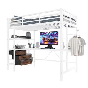 Modfu VYVÝŠENÁ posteľ z kovu a MDF 90x200 cm biela s LED osvetlením, pracovným stolom, zásuvkou, USB portom a úložným priestorom vyobraziť