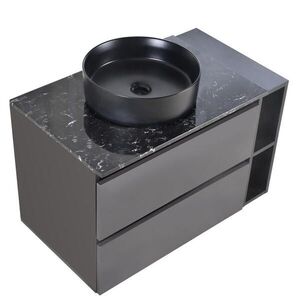 Modfu ZÁVESNÁ skrinka pod umývadlo z MDF 80x44x48, 5 cm čierno-sivá s keramickým umývadlom, zásuvkami a mramorovou doskou vyobraziť