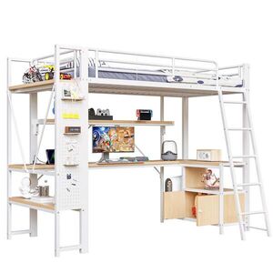 Modfu VYVÝŠENÁ posteľ z kovu a MDF 90x200 cm biela s LED osvetlením, pracovným stolom, úložným priestorom a USB portmi vyobraziť