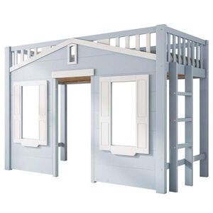 Modfu VYVÝŠENÁ detská posteľ z masívneho dreva a MDF 90x200 cm bielo-modrá s obojstrannou montážou schodíkov a priestorom pod lôžkom vyobraziť