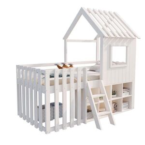 Modfu DETSKÁ posteľ z masívneho dreva 90x200 cm biela s úložným priestorom, strechou, oknami a rebríkom vyobraziť