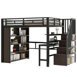 Modfu VYVÝŠENÁ posteľ z kovu a MDF 140x200 cm čierna s pracovným stolom, úložnými schodmi a LED osvetlením vyobraziť