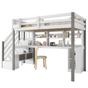 Modfu POLOVYSOKÁ posteľ z masívneho dreva a MDF 90x200 cm biela/sivá s písacím stolom, úložným priestorom a schodíkmi vyobraziť