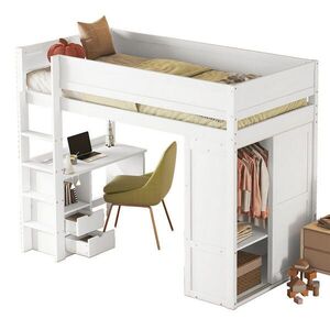 OKWISH VYSOKÁ posteľ 90/200 cm biela z borovice a MDF so skriňou, písacím stolom a zásuvkami vyobraziť