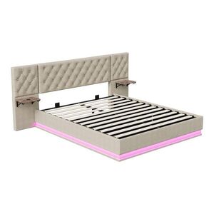 ČALÚNENÁ posteľ 140x200 cm béžová s RGB LED, úložným priestorom, USB-C a bezdrôtovým nabíjaním, ľanový poťah vyobraziť