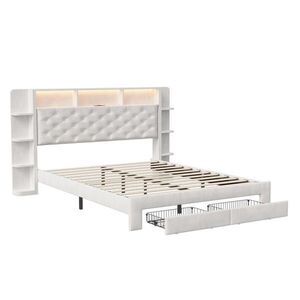 ČALÚNENÁ posteľ 160x200 cm velúrová s LED, USB a 2 zásuvkami biela vyobraziť