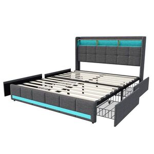 ČALÚNENÁ posteľ 140x200 cm s USB, 4 zásuvky, LED, ľanová, sivá vyobraziť