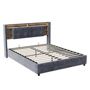 ČALÚNENÁ posteľ 160x200 cm, sivá, s USB a Type-C, lamelový rošt, úložný priestor s LED osvetlením, zamat, manželská posteľ vyobraziť