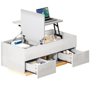 OKWISH KONFERENČNÝ stolík 100/45/43 cm biely výškovo nastaviteľný s LED osvetlením a 2 zásuvkami z drevotriesky vyobraziť