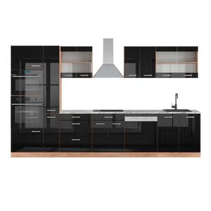 Vicco KUCHYNSKÝ KÚT R-Line Čierny vysoký lesk/dub Goldkraft 350 cm s vysokou skriňou, AP mramor vyobraziť