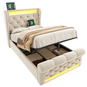 WISHDOR ČALÚNENÁ POSTEĽ 90/200 cm, béžová, zamatová, s úložným priestorom, LED osvetlením, USB a Type-C vyobraziť