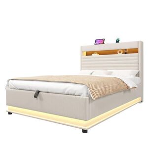 STILVORA ČALÚNENÁ POSTEĽ 90/200 cm béžová s úložným priestorom, LED, USB a Type-C, ľanový dizajn vyobraziť
