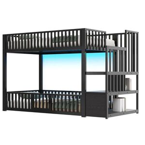 OKWISH POSCHODOVÁ posteľ 90/200 cm čierna z MDF a kovu s LED a úložným rebríkom vyobraziť