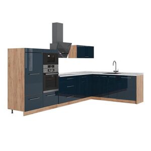 Vicco ROHOVÁ KUCHYŇA Fame-Line, Tmavo modrá vysoký lesk/Dub Goldkraft, 347 x cm, AP Marble vyobraziť