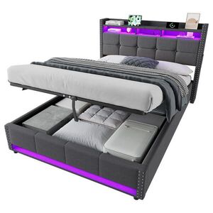 OKWISH ČALÚNENÁ posteľ 140/200 cm tmavosivá z ľanovej látky s LED svietidlom a nabíjacou stanicou vyobraziť
