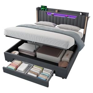 OKWISH ČALÚNENÁ posteľ 160/200 cm tmavosivá zo zamatu, dreva a kovu s LED osvetlením a výškovo nastaviteľnou čelnou doskou s úložným priestorom vyobraziť