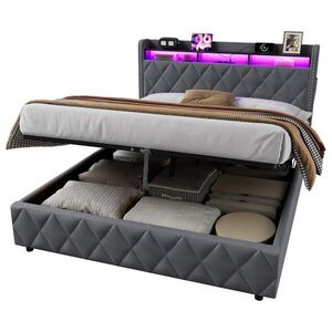 OKWISH ČALÚNENÁ posteľ 160/200 cm, tmavosivá, zo zamatu, dreva a kovu, s hydraulickým úložným priestorom, LED osvetlením a nabíjacími konektormi vyobraziť
