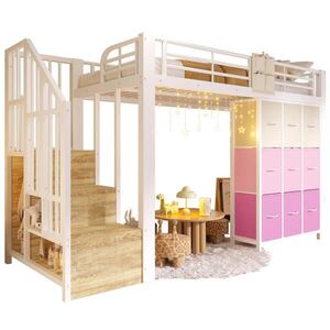 OKWISH VYSOKÁ posteľ 90/200 cm biela z MDF a kovu s úložnými schodmi zásuvkami a tyčou na oblečenie vyobraziť