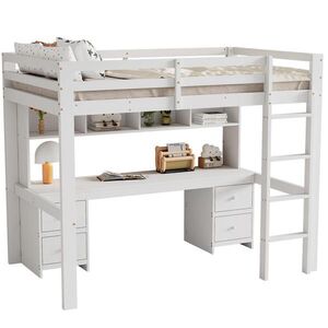 OKWISH VYSOKÁ posteľ 90/200 cm biela z borovice a MDF s písacím stolom a úložným priestorom vyobraziť