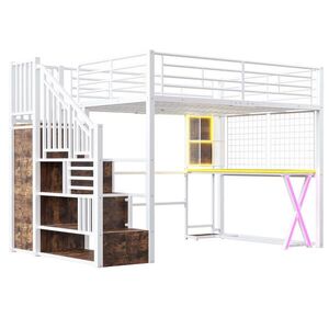 OKWISH VYSOKÁ posteľ 140/200 cm biela z kovu a MDF s LED osvetlením písacím stolom šatníkom a úložným rebríkom vyobraziť