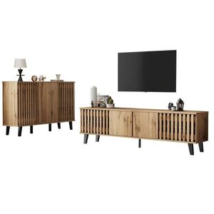 OKWISH TV stolík a komoda 180/40/55 a 150/40/95 cm prírodná farba z drevotriesky s dvierkami a úložnými priehradkami vyobraziť