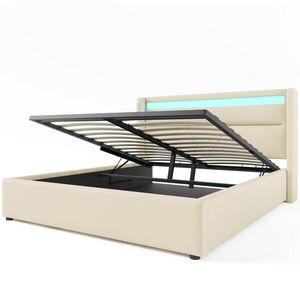 Redom ČALÚNENÁ posteľ 160/200 cm z PU s LED osvetlením, hydraulickým úložným priestorom a matracom, Biela vyobraziť