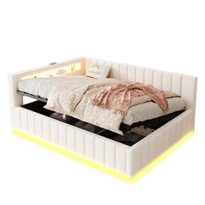 Modenvie ČALÚNENÁ posteľ 140/200 cm zo zamatu béžová s LED, USB portom a úložným priestorom vyobraziť