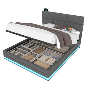 Modenvie ČALÚNENÁ posteľ 140/200 cm zo zamatu tmavosivá, s LED osvetlením, USB portmi a úložným priestorom vyobraziť