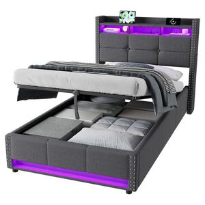 Modfu ČALÚNENÁ posteľ 90/200 cm, tmavosivá, z ľanovej látky, s hydraulickým úložným čelom postele, LED a funkciou USB nabíjania vyobraziť