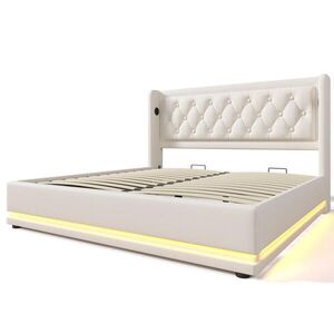 Modfu ČALÚNENÁ posteľ z PU 160x200 cm biela s hydraulickým úložným priestorom, USB-C a LED osvetlením vyobraziť