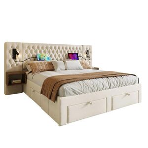 Modfu ČALÚNENÁ posteľ z velvetu 160x200 cm béžová s nočnými stolíkmi, 4 zásuvkami, LED svetlom a USB/Type C nabíjaním vyobraziť