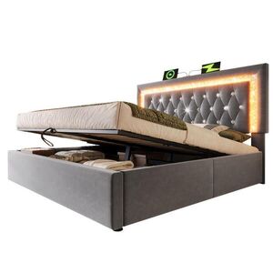 OKWISH ČALÚNENÁ posteľ 160/200 cm sivá s LED, USB a úložným priestorom zo zamatu vyobraziť
