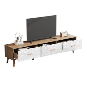 Redom NÍZKA komoda 150/39/35 cm s 3 zásuvkami a retro štruktúrovanými dvierkami, Biela, svetlé drevo vyobraziť