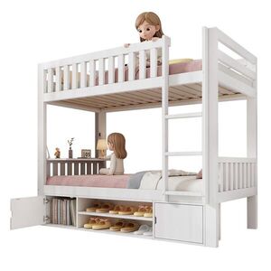 OKWISH POSCHODOVÁ posteľ 90/200 cm biela s výklopnou stolovou doskou a botníkom z borovicového dreva a MDF vyobraziť