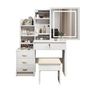 OKWISH TOALETNÝ stolík 36/85/130 cm biely z MDF s LED zrkadlom, taburetkou a 4 zásuvkami vyobraziť