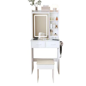 OKWISH TOALETNÝ stolík 36/60/136 cm biely z MDF so zrkadlom, LED osvetlením, zásuvkami a taburetkou vyobraziť