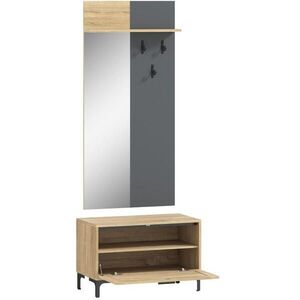 OKWISH PREDSIEŇOVÁ zostava 60/13, 5/127, 5 cm a 68/35/43 cm prírodný dekor dreva a sivá so zrkadlom, lavicou a háčikmi z MDF vyobraziť