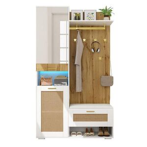 OKWISH PREDSIEŇOVÁ zostava 110/38/190 cm biela a drevený dekor so zrkadlom LED osvetlením a lavicou z MDF a drevotriesky vyobraziť