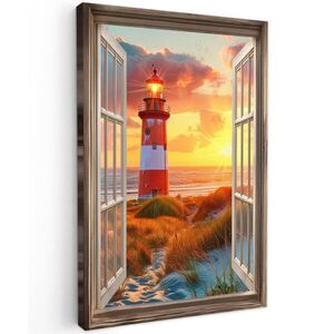 MuchoWow OBRAZ NA PLÁTNE Pohľad - okno - maják - západ slnka - pláž 40x60 cm vyobraziť