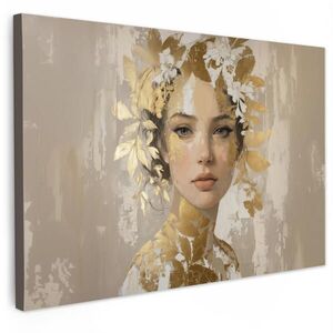MuchoWow OBRAZ NA PLÁTNE Tvár - žena - listy - zlato 90x60 cm vyobraziť