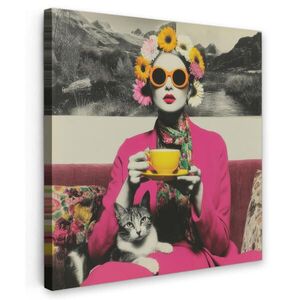 MuchoWow OBRAZ NA PLÁTNE Žena - mačka - kvety - šálka - retro 20x20 cm vyobraziť