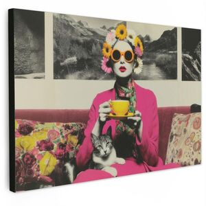 MuchoWow OBRAZ NA PLÁTNE Žena - mačka - kvety - šálka - retro 90x60 cm vyobraziť