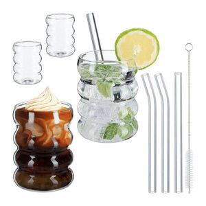 Relaxdays POHÁRE Transparentné 4-dielna-sada vlnitý dizajn so sklenenými slamkami 350 ml vyobraziť