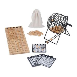 Relaxdays HRA prírodná čierna bingo súprava z dreva s bubnom 75-guličiek vyobraziť