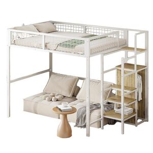 OKWISH VYSOKÁ posteľ 140/200 cm biela z kovu a MDF s rebríkom, šatníkom a úložným priestorom vyobraziť