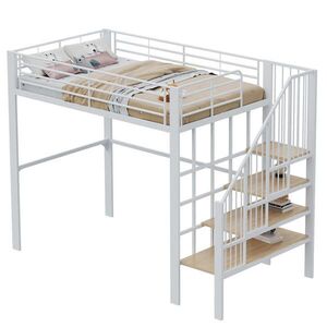OKWISH VYSOKÁ posteľ 140/200 cm biela s úložným priestorom a schodmi z kovu a dreva vyobraziť