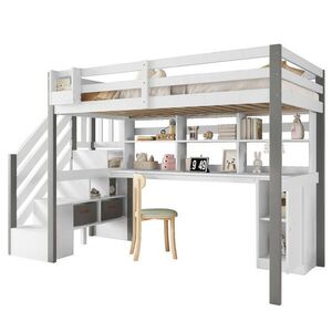 OKWISH VYSOKÁ posteľ 90/200 cm bielo-sivá s písacím stolom a úložnými prvkami z borovice a MDF vyobraziť
