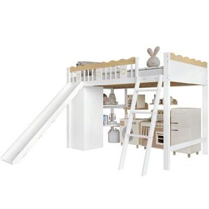 OKWISH VYSOKÁ posteľ 90/200 cm biela/prírodná z masívu a MDF so šmykľavkou, skriňou a úložnou skrinkou vyobraziť