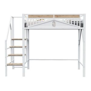 OKWISH VYSOKÁ posteľ 140/200 cm biela z kovu a dreva s okienkovým zábradlím a úložným priestorom vyobraziť
