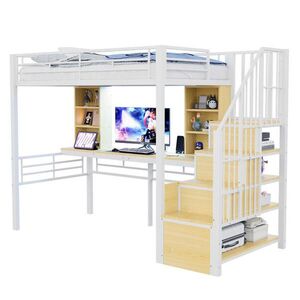 OKWISH VYSOKÁ posteľ 90/200 cm biela z MDF a kovu s písacím stolom LED osvetlením a schodmi s úložným priestorom vyobraziť